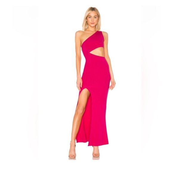 Hot Pink One-Shoulder Cutout Maxi Dress With Thigh-High Slit & Side Zipper Closu - Picture 6 of 7